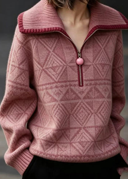Casual Pink Peter Pan Collar Zippered Knit Sweater Fall