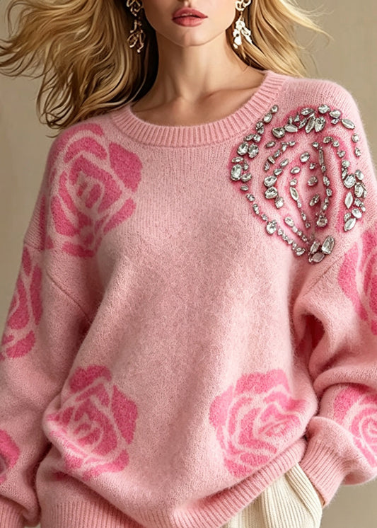 Casual Pink Print Nail Bead Cotton Knit Sweaters Fall