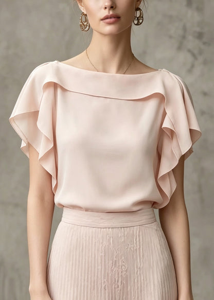Casual Pink Ruffled Cotton Shirt Tops Summer