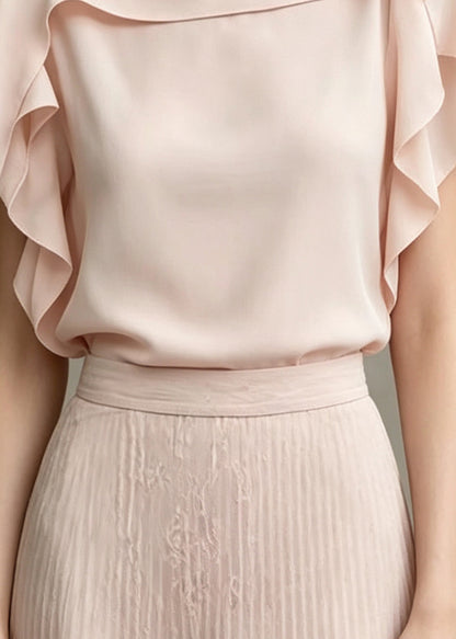 Casual Pink Ruffled Cotton Shirt Tops Summer