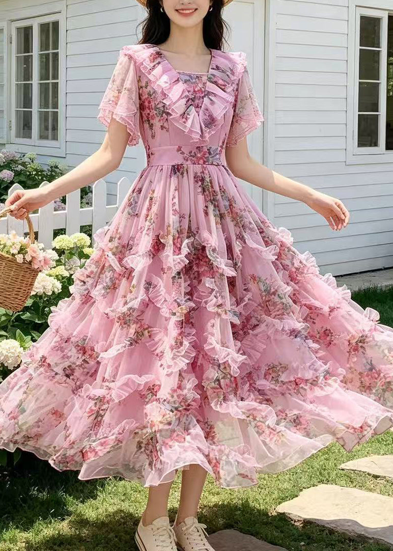 Casual Pink Ruffled Print Chiffon Maxi Dresses Summer