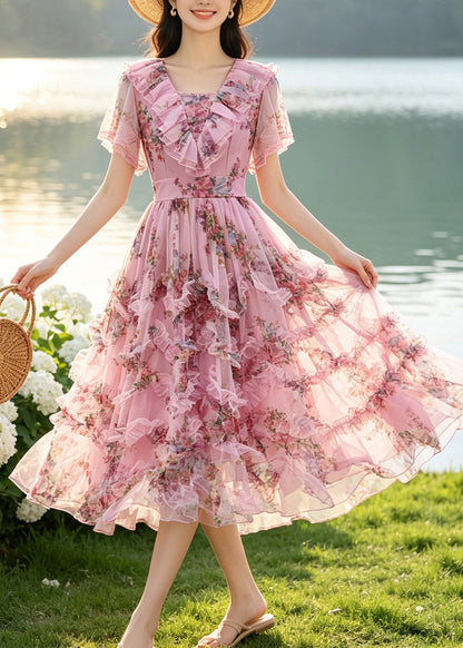 Casual Pink Ruffled Print Chiffon Maxi Dresses Summer