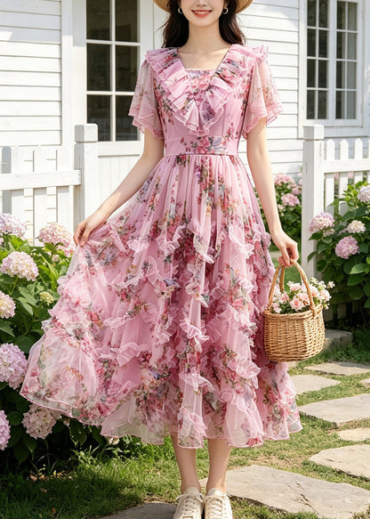 Casual Pink Ruffled Print Chiffon Maxi Dresses Summer