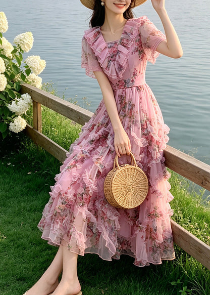 Casual Pink Ruffled Print Chiffon Maxi Dresses Summer