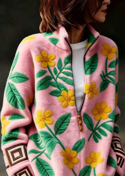 Casual Pink Stand Collar Zippered Floral Mink Hair Knitted Sweater Fall