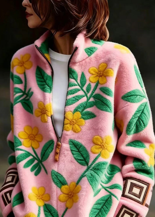 Casual Pink Stand Collar Zippered Floral Mink Hair Knitted Sweater Fall