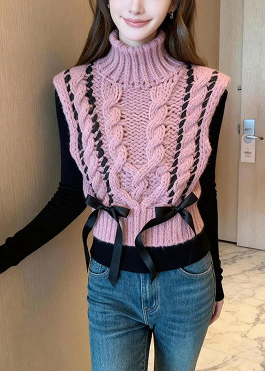 Casual Pink Turtle Neck Bow Warm Knit Vest Winter