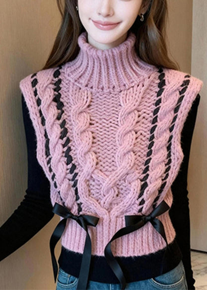 Casual Pink Turtle Neck Bow Warm Knit Vest Winter