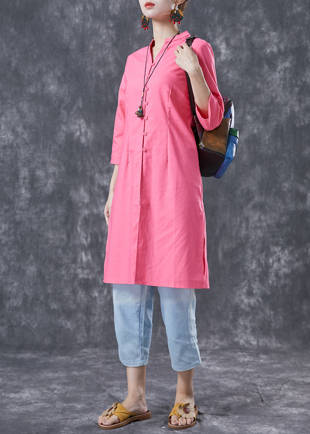 Casual Pink V Neck Button Cotton Shirt Dresses Bracelet Sleeve