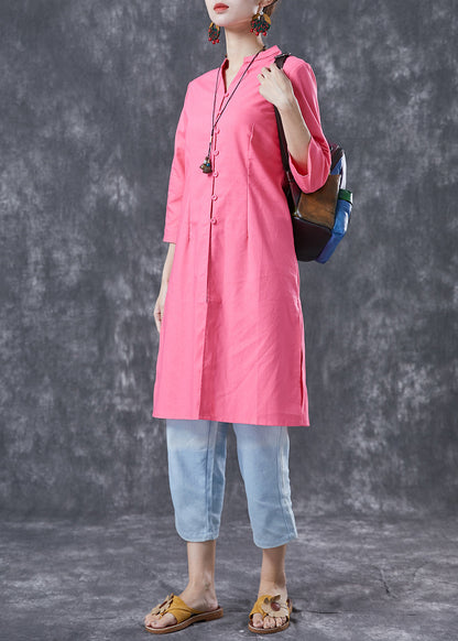 Casual Pink V Neck Button Cotton Shirt Dresses Bracelet Sleeve
