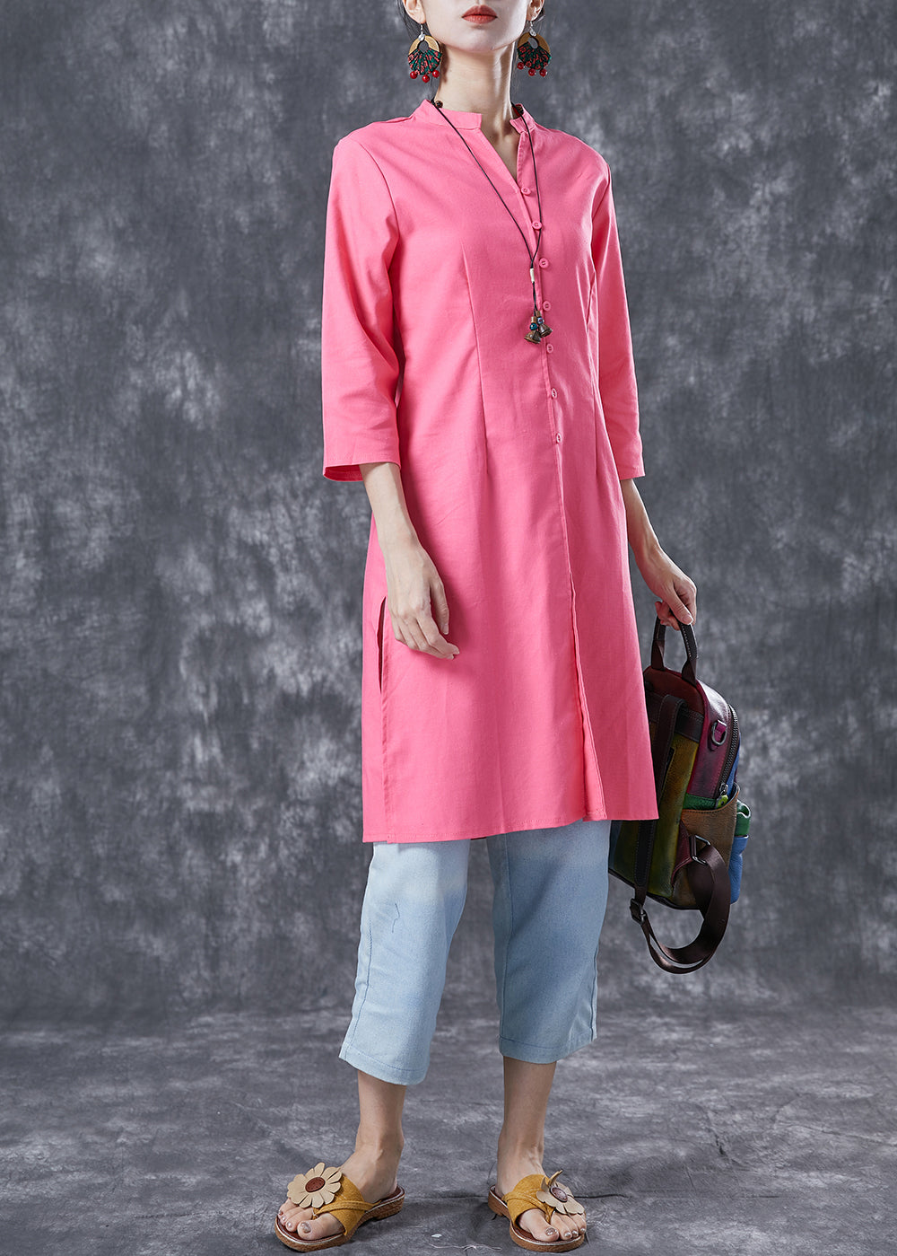 Casual Pink V Neck Button Cotton Shirt Dresses Bracelet Sleeve