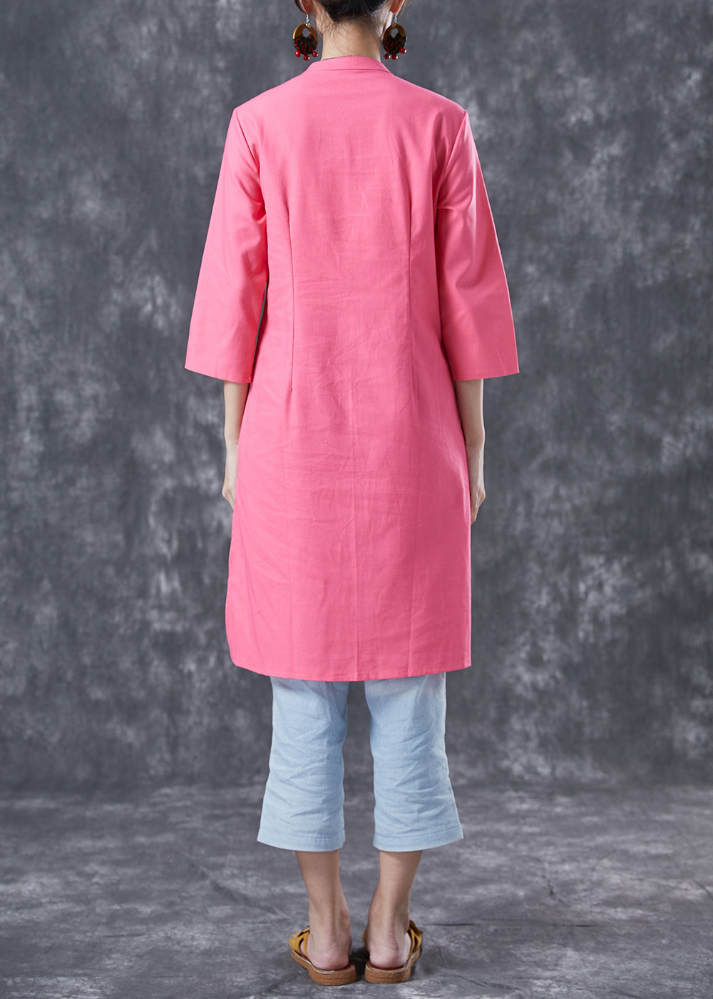 Casual Pink V Neck Button Cotton Shirt Dresses Bracelet Sleeve