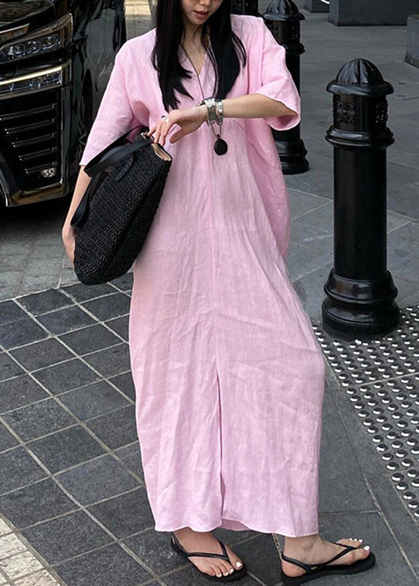 Casual Pink V Neck Cotton Long Dresses Summer