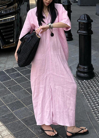 Casual Pink V Neck Cotton Long Dresses Summer
