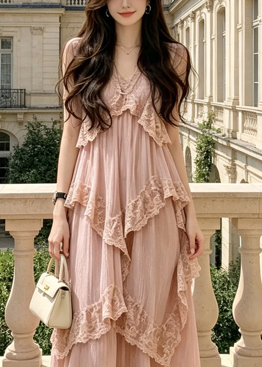 Casual Pink V Neck Lace Patchwork Maxi Spaghetti Strap Dresses Summer