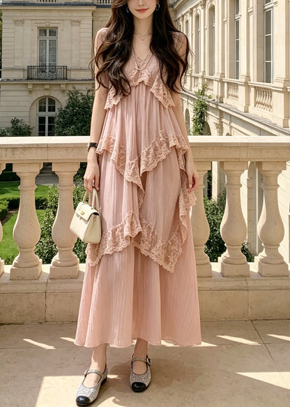 Casual Pink V Neck Lace Patchwork Maxi Spaghetti Strap Dresses Summer
