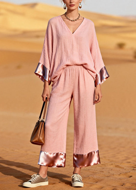 Casual Pink V Neck Patchwork Cotton Two Piece Set Women Clothing Spring