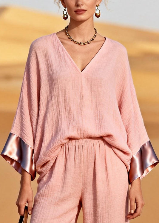 Casual Pink V Neck Patchwork Cotton Two Piece Set Women Clothing Spring