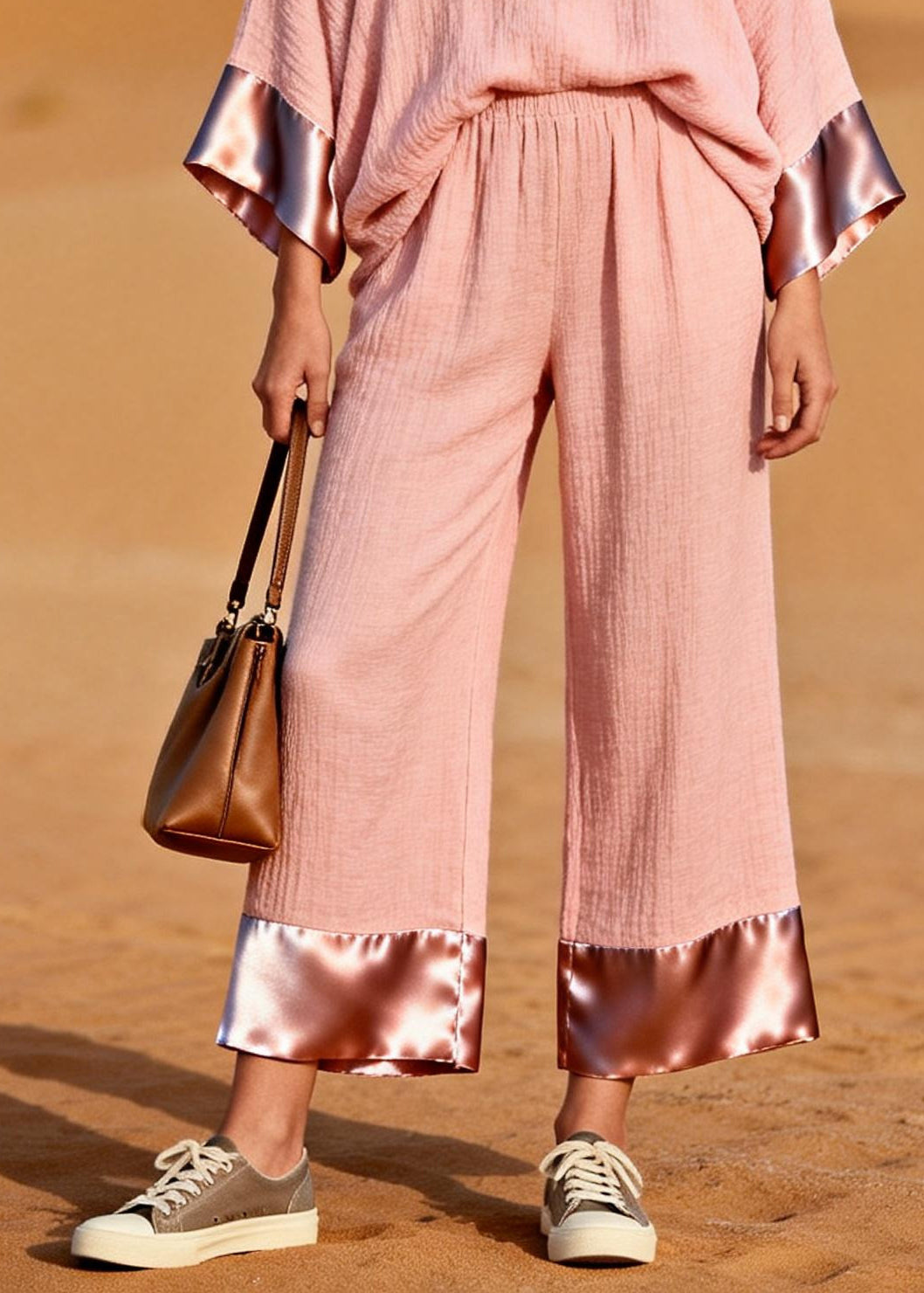 Casual Pink V Neck Patchwork Cotton Two Piece Set Women Clothing Spring