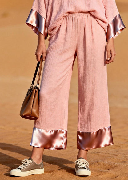 Casual Pink V Neck Patchwork Cotton Two Piece Set Women Clothing Spring