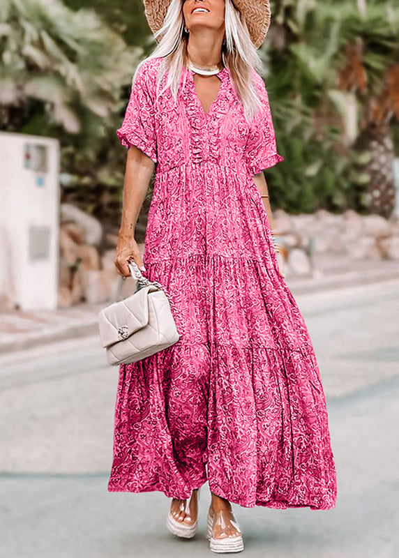 Casual Pink V Neck Print Long Dresses Summer