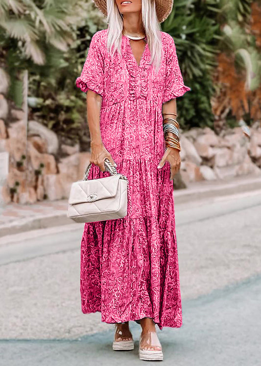 Casual Pink V Neck Print Long Dresses Summer