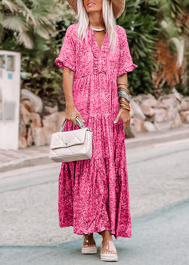 Casual Pink V Neck Print Long Dresses Summer