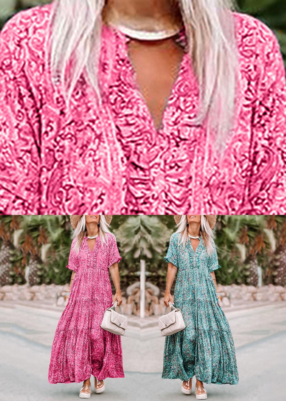 Casual Pink V Neck Print Long Dresses Summer