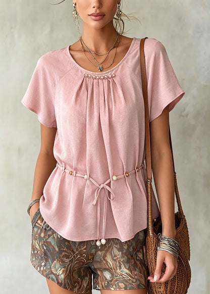 Casual Pink Wrinkled Tie Waist Chiffon Shirts Summer
