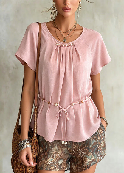 Casual Pink Wrinkled Tie Waist Chiffon Shirts Summer