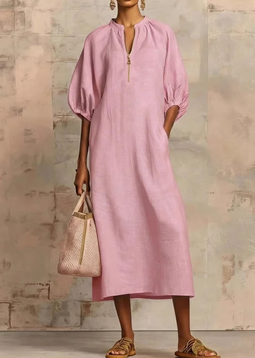 Casual Plus Size Pink Zip Up Puff Sleeve Cotton Dresses
