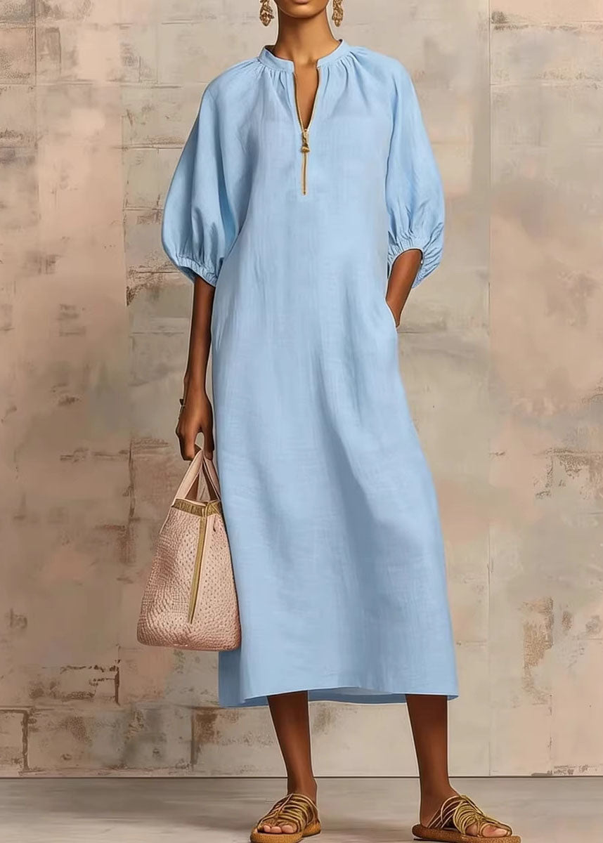 Casual Plus Size Pink Zip Up Puff Sleeve Cotton Dresses
