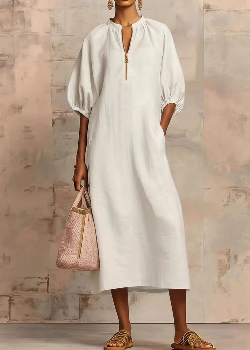 Casual Plus Size Pink Zip Up Puff Sleeve Cotton Dresses
