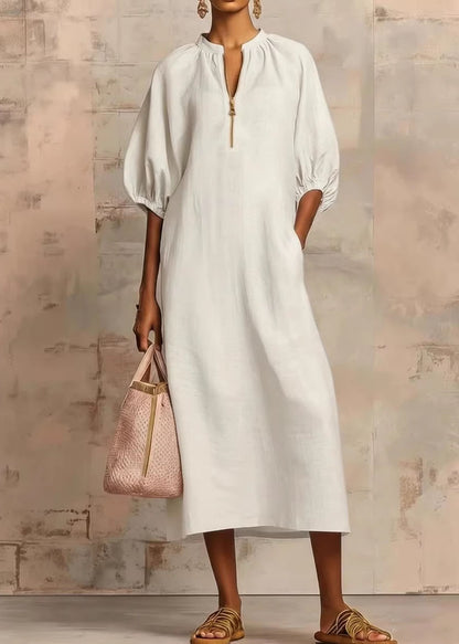 Casual Plus Size Pink Zip Up Puff Sleeve Cotton Dresses