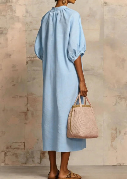 Casual Plus Size Pink Zip Up Puff Sleeve Cotton Dresses