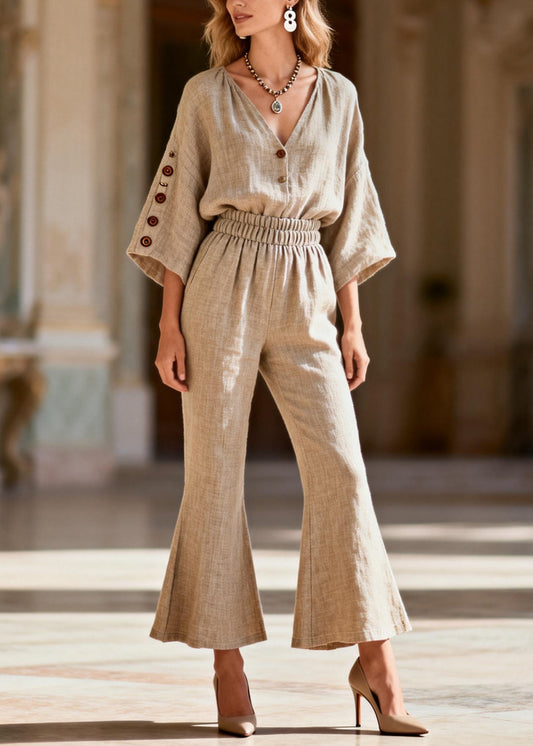 Casual Plus Size V Neck Linen Two Pieces Set Summer