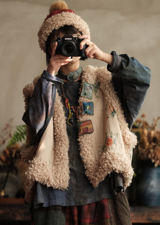 Casual Print Faux Fur Patchwork Fine Cotton Filled Vest Sleeveless