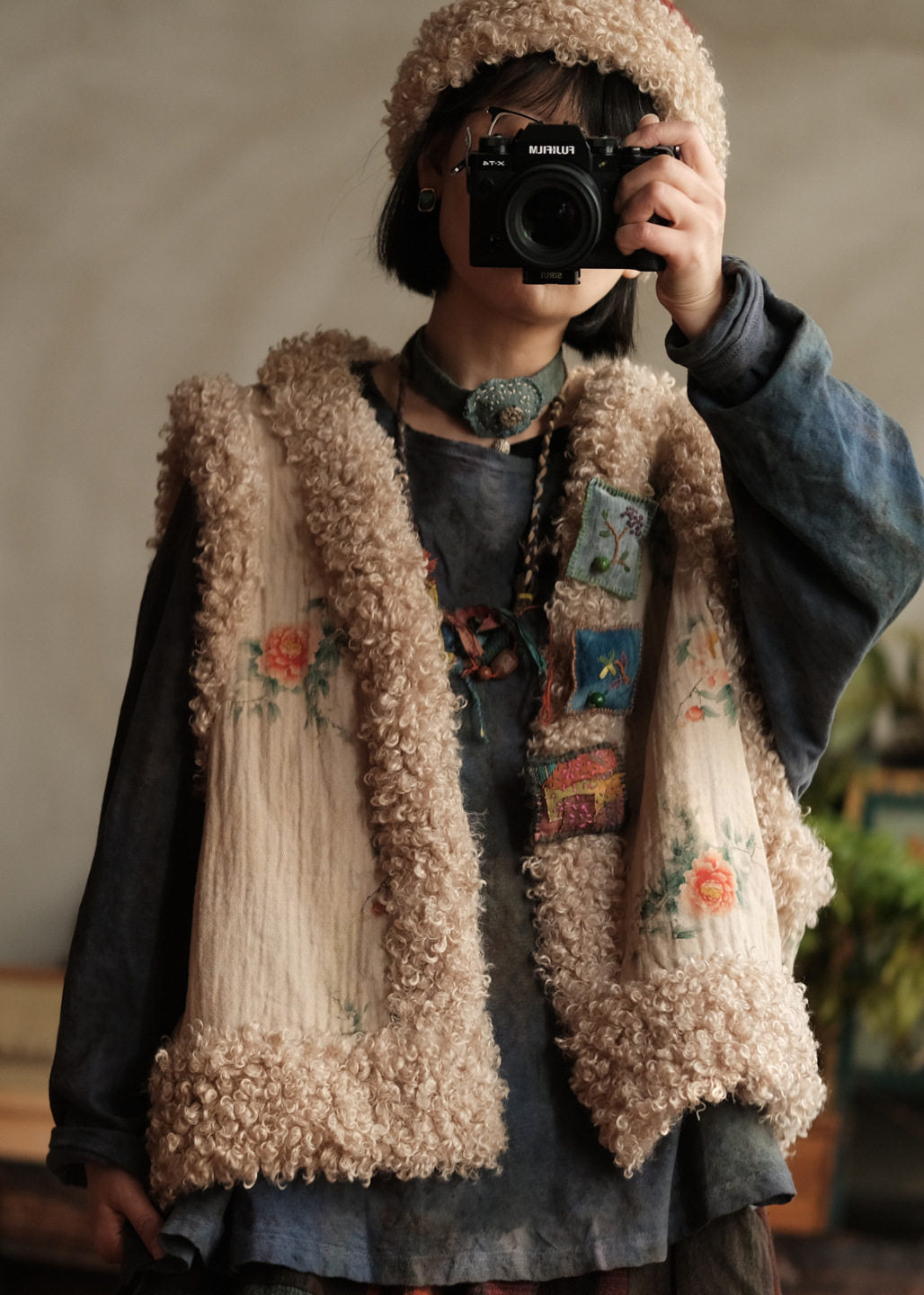 Casual Print Faux Fur Patchwork Fine Cotton Filled Vest Sleeveless
