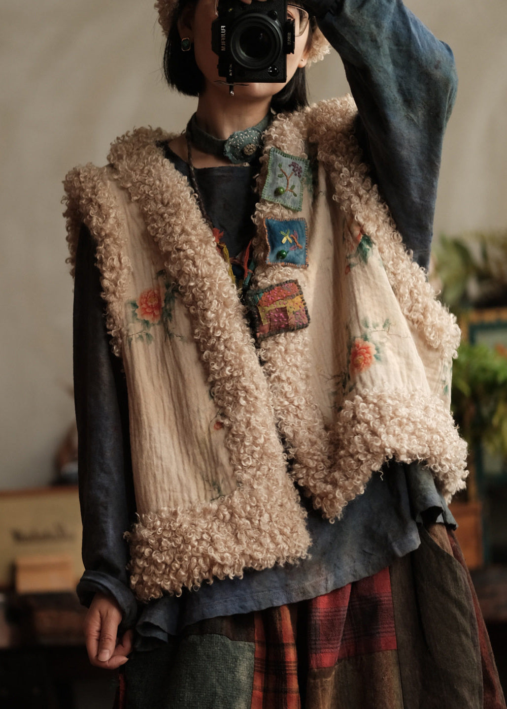 Casual Print Faux Fur Patchwork Fine Cotton Filled Vest Sleeveless