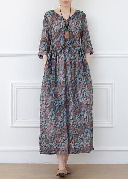Casual Print Linen Dress V Neck Half Sleeve Spring Dress - SooLinen