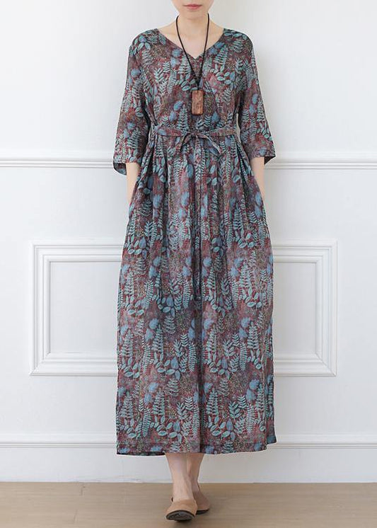 Casual Print Linen Dress V Neck Half Sleeve Spring Dress - SooLinen