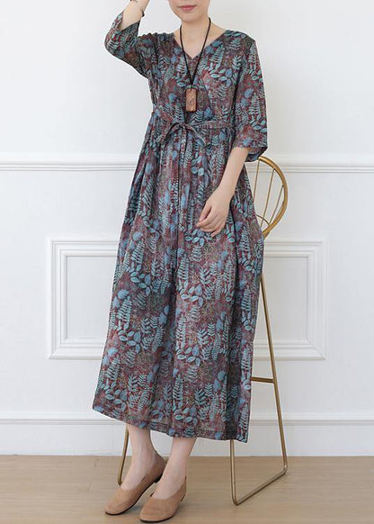 Casual Print Linen Dress V Neck Half Sleeve Spring Dress - SooLinen
