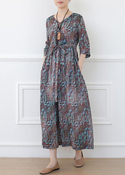 Casual Print Linen Dress V Neck Half Sleeve Spring Dress - SooLinen