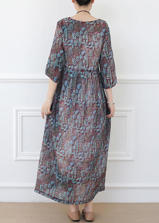 Casual Print Linen Dress V Neck Half Sleeve Spring Dress - SooLinen