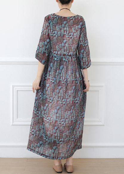 Casual Print Linen Dress V Neck Half Sleeve Spring Dress - SooLinen