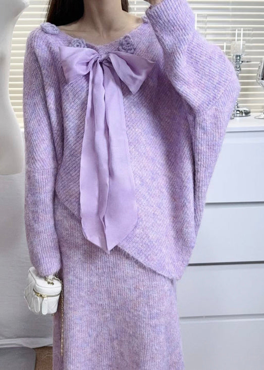 Casual Purple Asymmetrical Floral Bow Knit Sweaters Winter