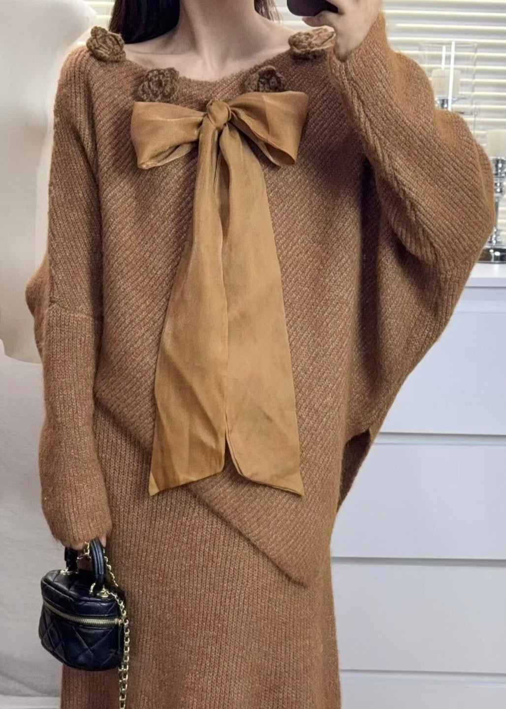 Casual Purple Asymmetrical Floral Bow Knit Sweaters Winter