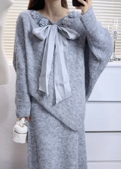 Casual Purple Asymmetrical Floral Bow Knit Sweaters Winter