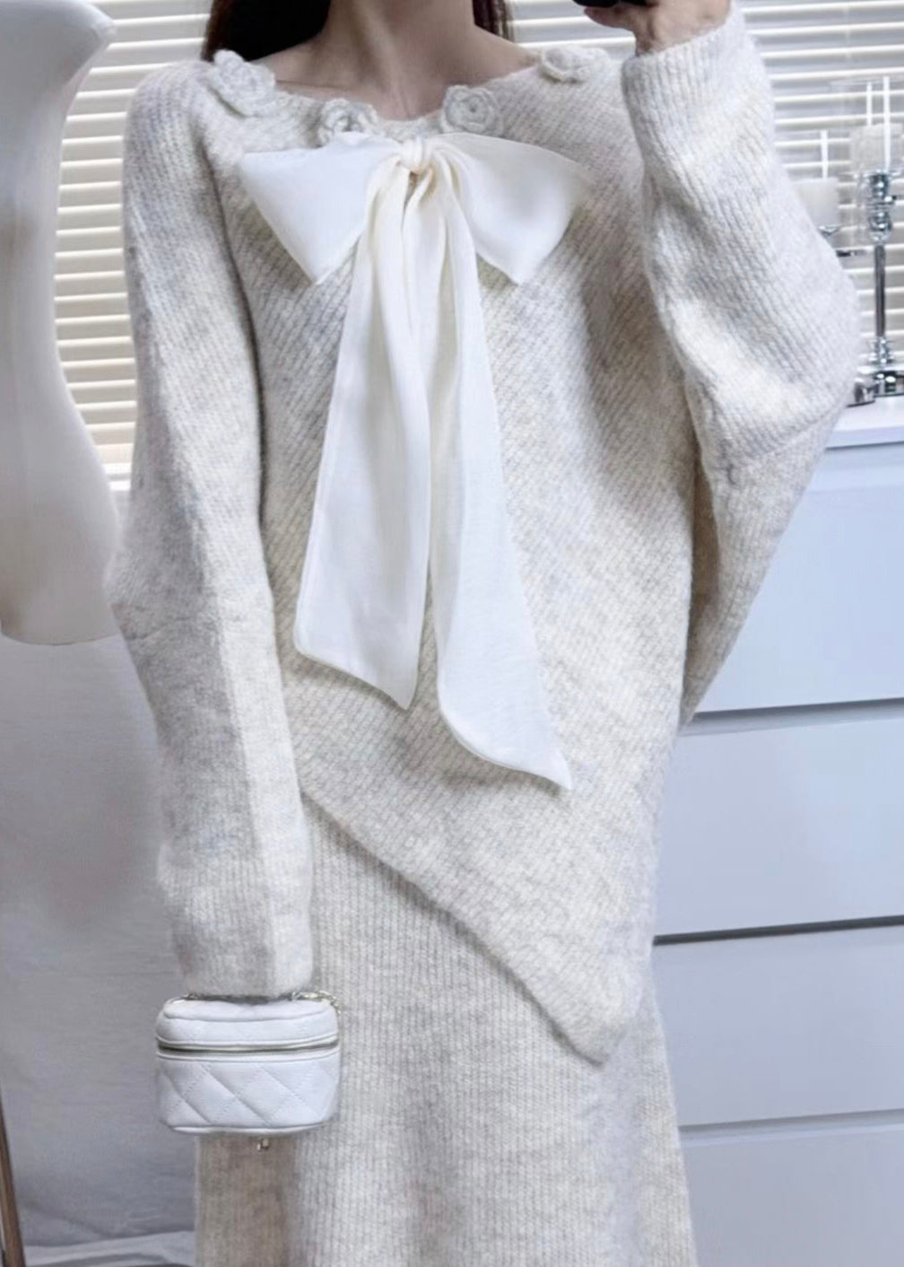 Casual Purple Asymmetrical Floral Bow Knit Sweaters Winter