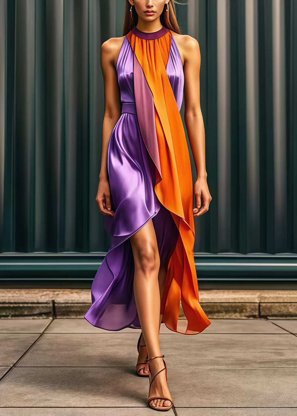 Casual Purple Asymmetrical Patchwork Silk Holiday Dress Summer